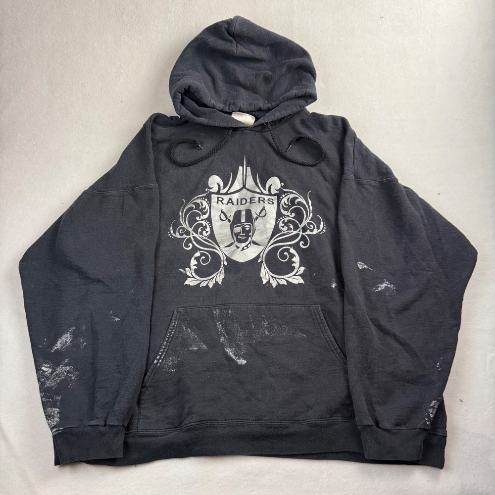 Hanes Ultimate Cotton Raiders Hoodie Mens XL Black Paint Splatter Distressed NFL